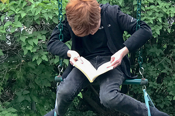 Boy Sitting On A Swing Is Reading Book
